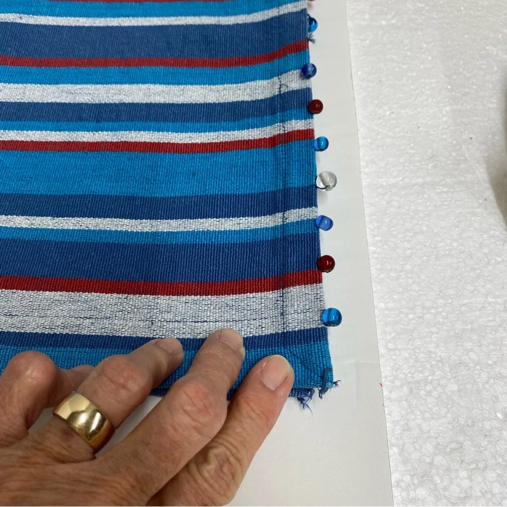 Pier 1 Imports Striped Tapestry Placemats set of 6 Beaded blues red gray Casual